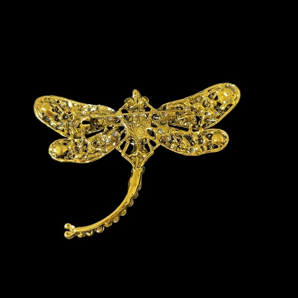 Large Bejeweled Dragonfly Brooch Gold Base with Blue and Green Rhinestones - Picture 4 of 5